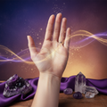Palm reading session with illuminated hand and mystical healing crystals
